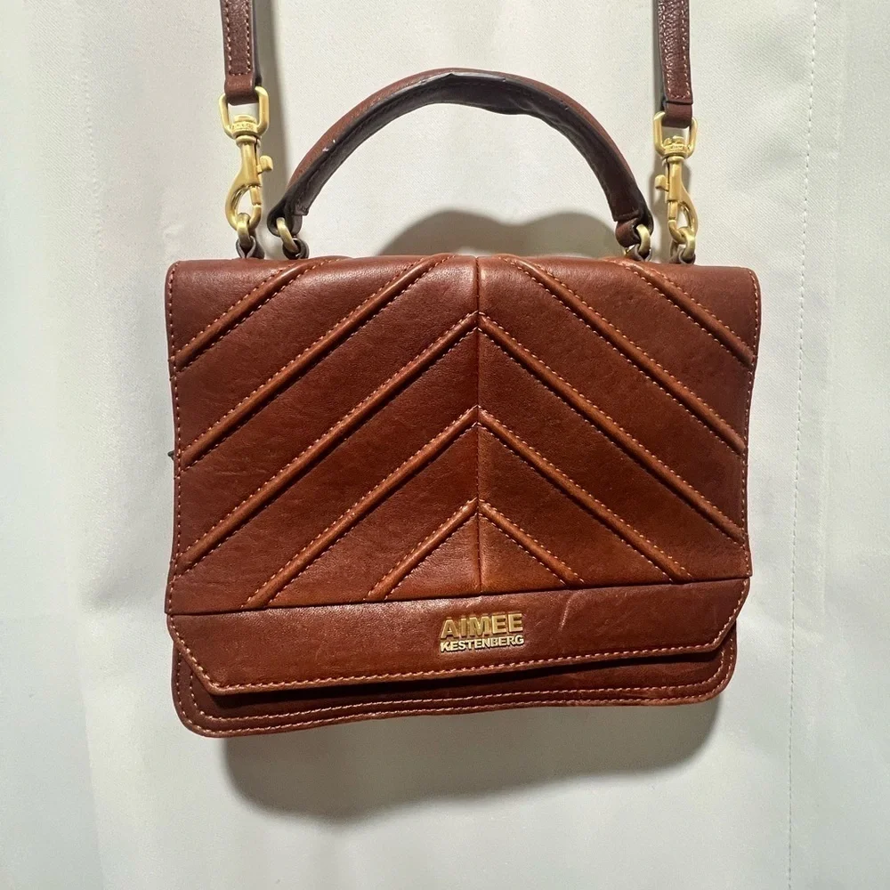 Aimee Kestenberg Quilted Leather Crossbody Tan Gold Chain Top Handle Bag